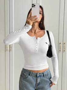 SHEIN Tall Conjunto de dos piezas para mujer, top básico ajustado de manga larga con botones delanteros, blanco y negro, otoño, casual, escuela, vuelta al colegio, ropa de invierno, ropa para Acción de Gracias, para mujeres altas - Blanco y Negro - Ver 8