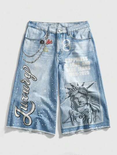 Street Life Jeans en denim délavé avec imprimé lettres casual pour hommes, été