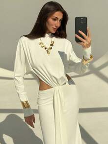Aloruh Weißes minimalistisches, sexy, rückenfreies Langarm-Bodycon-Kleid mit taillierter Taille und ausgestelltem Rock für Frauen - Weiss - Übersicht 6