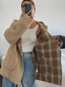 DAZY 女士宽松商务休闲通勤优雅双面仿羊羔绒夹克，格子撞色连帽卫衣，常规版型，秋冬女式外套 - 卡其色 - 查看 4