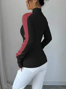 SHEIN LUNE Suéter básico de mujer con cuello alto y contraste de color, otoño/invierno - Negro - Ver 2
