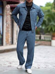 Manfinity Homme 男士休闲条纹纽扣牛仔夹克和牛仔裤套装，秋季