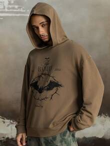 BATMAN X SHEIN Men's Casual Fashionable Street Bat & Letter Print Dropped Shoulder Loose Hoodie, Spring/Autumn, Long Sleeve Top - Brown - View 3