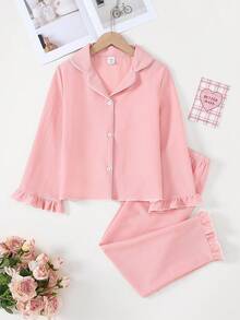 女童粉色配黑色饰边休闲荷叶边领两件套家居服 - 藕粉色 - 查看 1