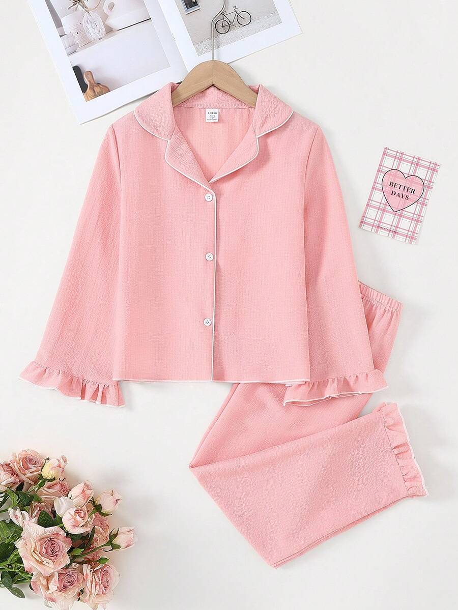 女童粉色配黑色饰边休闲荷叶边领两件套家居服 - 藕粉色 - 查看 1