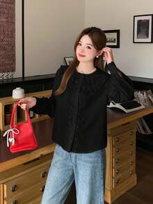 SHEIN 优雅蕾丝边领口长袖黑色衬衫，适合少女毕业季穿着 - 黑色 - 查看 8