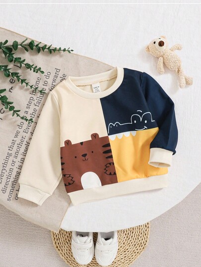 SHEIN 幼儿男童拼色卡通动物印花圆领长袖运动衫，可爱休闲，适合户外，秋冬季