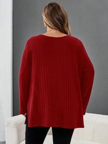 SHEIN CURVE+ 加大码 V 领罗纹下摆开衩蓝色 T 恤，秋冬女装，冬季，CURVE PLUS/秋冬 - 酒紅色 - 查看 6