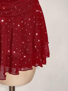 SHEIN ICON Váy mini lưới xếp ly cao xẻ tà xếp nếp dành cho nữ cỡ lớn - Màu Đỏ Sâu - Xem 8