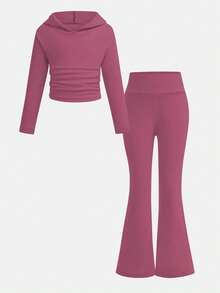 Sparklyn 2pcs/Set Young Girls Street Style Sporty Fashion All-Match Hoodie And Flare Pants Outfit, Purple Red, Autumn/Winter