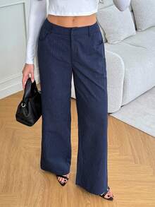 SHEIN Tall 女士休闲时尚夏季度假条纹印花口袋宽松裤，适合日常穿着 - 藏蓝色 - 查看 7
