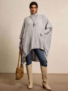 Freevana 大码纯色高领不对称下摆长袖套头衫 - 卡其色 - 查看 3