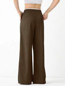 SHEIN EZwear Women's Lace-Up Pleated Casual Daily Wear Long Pants - Chocolate Brown - View 2