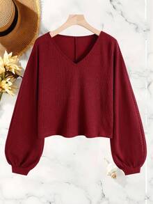 INAWLY Áo thun tay đèn lồng cổ chữ V trơn màu rộng rãi thoải mái - Đỏ - Xem 3