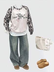 INAWLY Casual Leopard Print & Letter Graphic Raglan Sleeve Sweatshirt, Autumn - Multicolor - View 1