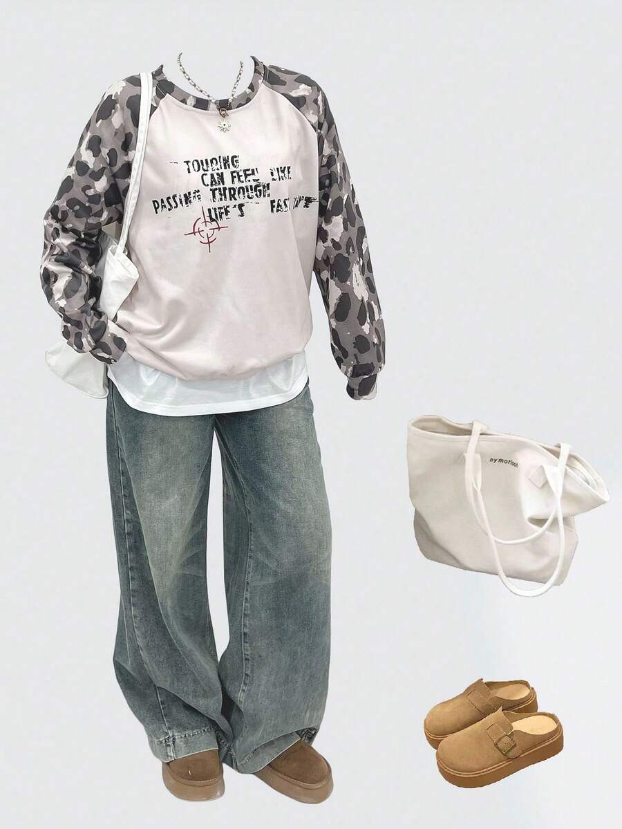 INAWLY Casual Leopard Print & Letter Graphic Raglan Sleeve Sweatshirt, Autumn - Multicolor - View 1