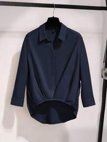 Franclia 女式优雅休闲七分袖褶边衬衫 - 藏蓝色 - 查看 3