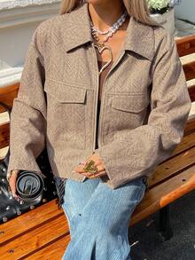 DAZY Chaqueta casual corta y suelta de mujer con cuello vuelto y tela texturizada - Caqui - Ver 4