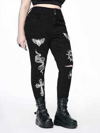 Goth Vintage schwarze Jeans in Große Größen mit hoher Dehnbarkeit, dunklem Skelett-, Fledermaus- und Kreuz-Muster, enge Passform