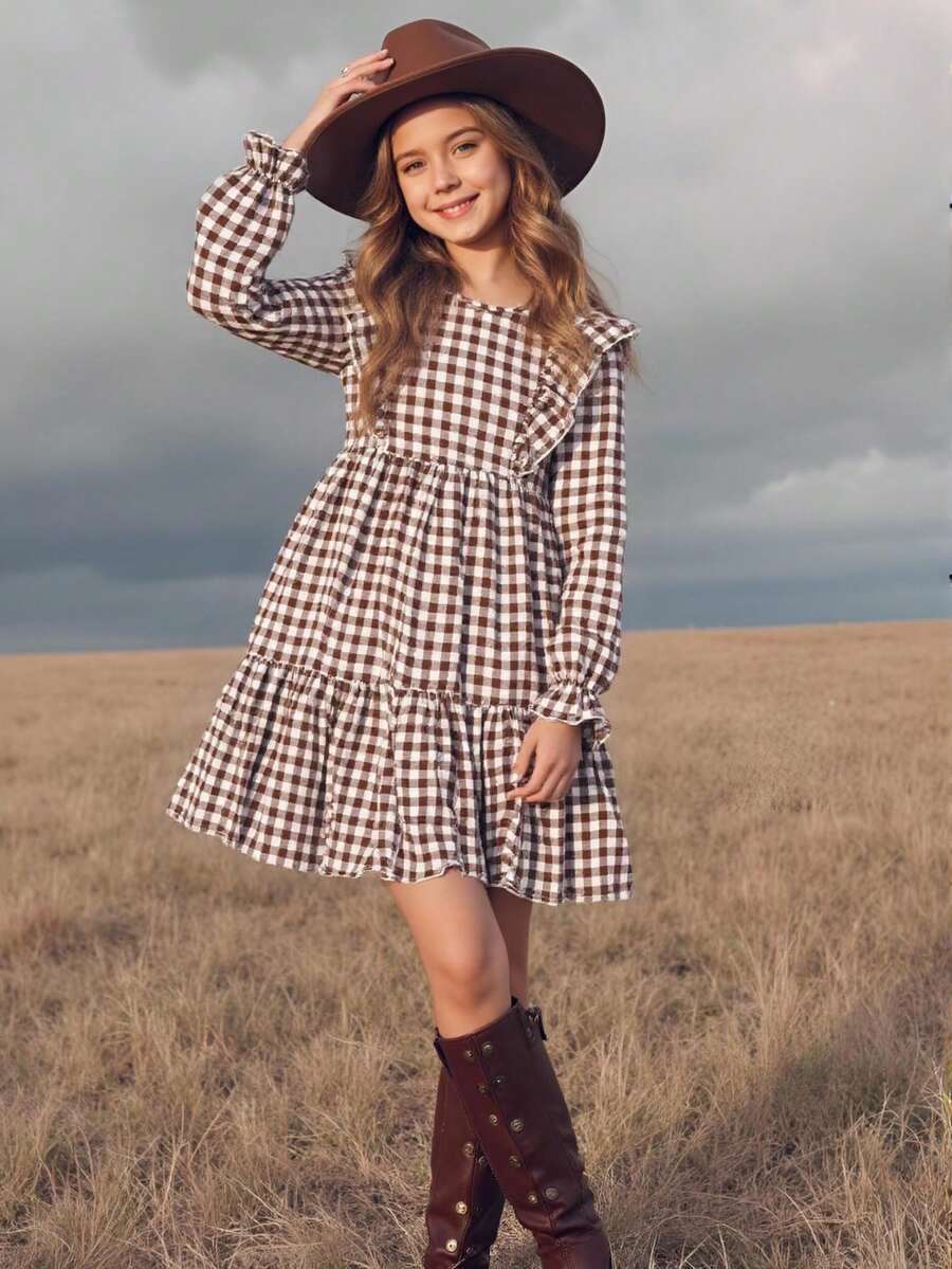 Emery Rose Kids Emery Rose Kids 青少年女孩年轻女孩双胞胎女孩格子宽松可爱休闲格子图案荷叶边饰荷叶边袖灯芯绒法式连衣裙，长袖连衣裙，秋冬格子连衣裙，夏季/秋季，非常适合休闲和日常穿着和上学日常，妈妈和女儿和姐妹搭配。 - 棕色 - 查看 1