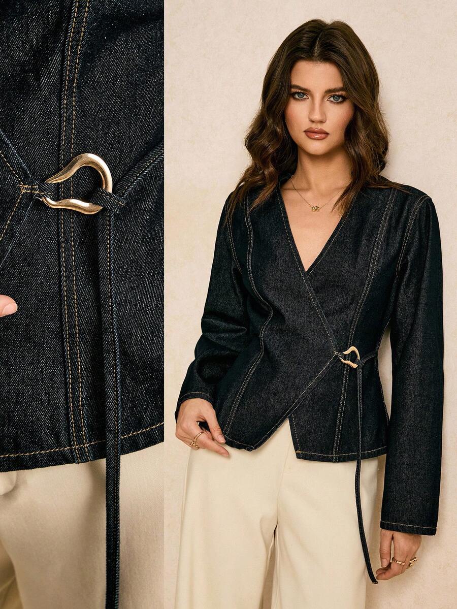 Poéselle 女式秋季金属设计长袖时尚牛仔衬衫女士西装外套女士短款西装外套女士西装外套连衣裙夹克牛仔西装外套女士裹身西装外套腰带夹克工作服女士正式上衣商务休闲女士长袖上衣牛仔夹克开衫牛仔夹克开衫长袖衬衫冬季 - 深色水洗藍 - 查看 1