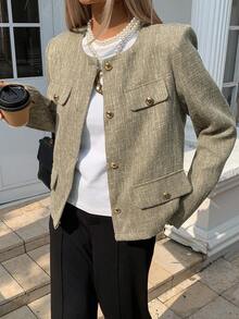 Livesso 女士休闲常规款夹克，复古硬币图案，秋季女式外套 - 卡其色 - 查看 3