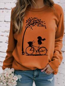 EMERY ROSE T-shirt décontracté à manches longues avec imprimé arbre, vélo et chiot, style littéraire, grande taille