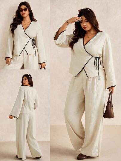 Elaquor مجموعة أنيقة من ملابس علوية كم طويل مع ربطة أمامية وبنطلون، مجموعة كاجوال من قطعتين للنساء البدينات، مجموعة ملابس منزلية من قطعتين للنساء البدينات