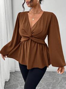 Firerie Plus Size Casual Twist Hem Long Sleeve Shirt, Green/Fall/Winter