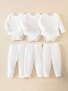 SHEIN 6件套男婴套装，包含3件白色针织长袖连体衣和3条松紧腰裤，适合所有季节，日常穿着，可叠穿，适合3个月至24个月的男婴。新生儿服装，天然婴儿服装，新生儿中性服装，婴儿服装，中性新生儿服装，新生儿针织套装，婴儿服装，中性连体衣，婴儿服装。 - 白色 - 查看 3