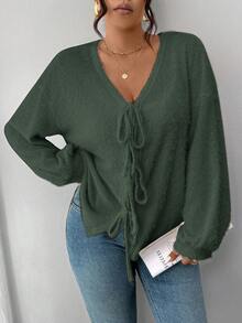 SHEIN Frenchy 加大码女式纯色针织法式毛衣，蝴蝶结前襟设计，适合休闲、居家、校服，秋冬 - 軍綠色 - 查看 6