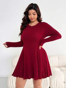 SHEIN Essnce 大码女装秋冬时尚休闲宽松舒适日常保暖磨砂坑腰长袖酒红色短款连衣裙，秋季服装，曲线连衣裙，简约风格，新年连衣裙女装，圣诞连衣裙 - 酒紅色 - 查看 6