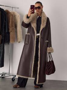 SHEIN BAE 女式复古拼布仿皮草夹克，秋冬 - 咖啡棕 - 查看 3