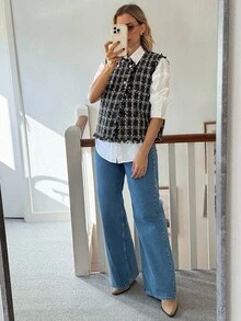 Vivie Lora Women's Loose Fit Double-Breasted Plaid Fringe Casual Knit Vest - Black - View 2