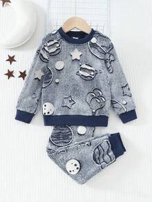 2pcs Young Boy Casual Plush Long Sleeve Top And Pants Homewear Set - Baby Blue - View 3