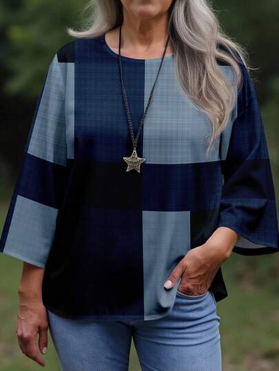 Mellowie Plus Size Mulheres Casual All Over Impresso Gola Redonda Solta Manga 3/4 Camisa, Adequado Para Primavera/Outono