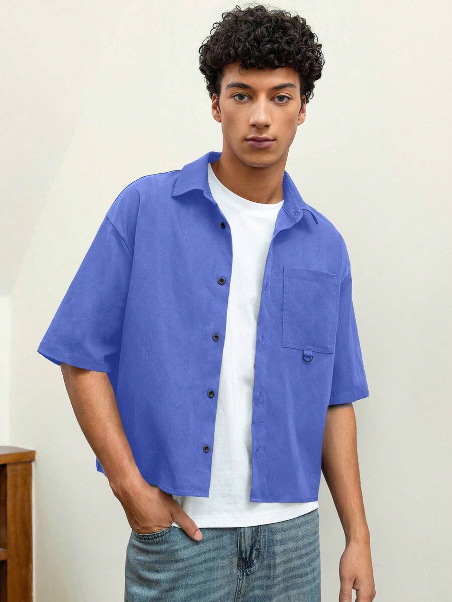 SWAVVY 男士休闲宽松短袖梭织衬衫，日常穿着 - 藍色 - 查看 1