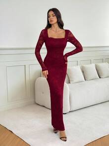 SHEIN Tall Váy ren ôm sát tay dài xẻ cao gợi cảm cho tiệc tùng, hẹn hò, buổi tối, mùa xuân và mùa hè - Màu Đỏ Sâu - Xem 3