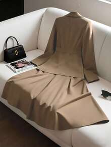 Franclia 优雅通勤时尚收腰西装外套和 A 字裙两件套，长袖，棕色，秋冬 - 棕色 - 查看 2