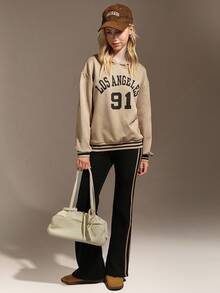 Hanevo 2pcs Set Teen Girls' Letter Print Long Sleeve Hoodie Sweatshirt & Flare Pants Casual Outfit, Spring & Autumn - Khaki - View 4