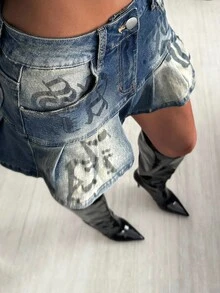 StreetHx Retro Denim Pleated Skirt With Street Racing Inspired Letter Print - Medium Wash - View 2