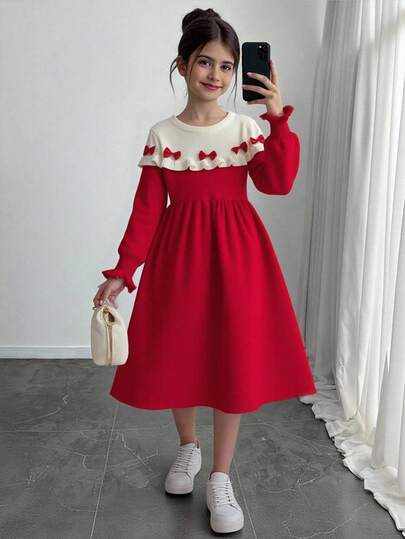 SHEIN فستان كاجوال طويل الأكمام للفتيات المراهقات، بياقة طاقم، بتصميم رقعي مكشكش من الجاكار المحبوك، باللون الأحمر، مناسب لارتداء في عيد الميلاد وحفلات رأس السنة والأسلوب المتميز، للاستخدام اليومي