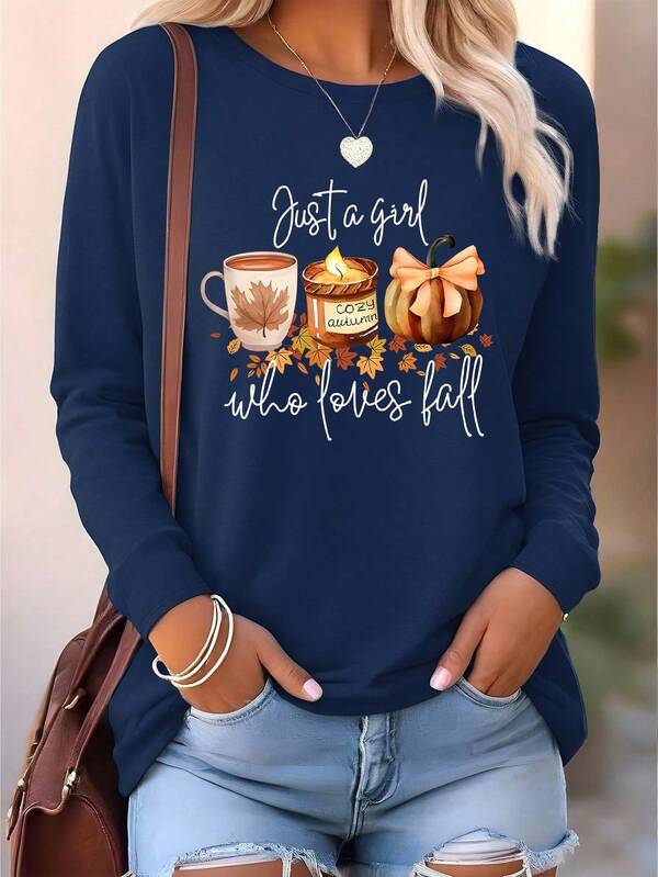 EMERY ROSE Women's Casual Printed Round Neck Long Sleeve T-Shirts, Autumn Christmas