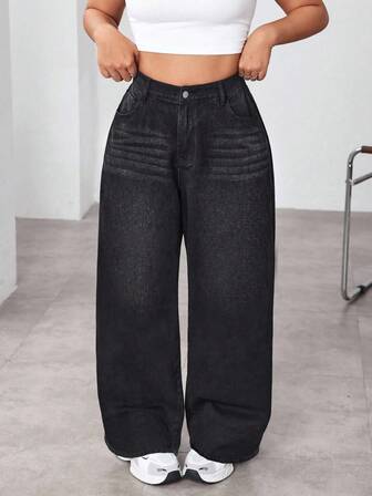 SHEIN CURVE+ 冬季加大码女式牛仔风黑色无弹力宽松直筒裤，秋季