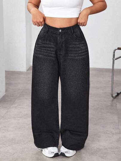 SHEIN CURVE+ 冬季加大码女式牛仔风黑色无弹力宽松直筒裤，秋季