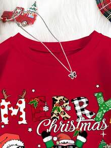 青少年男孩圣诞节可爱圣诞老人、雪人、圣诞树和圣诞快乐字母印花休闲舒适长袖圆领宽松运动衫 - 紅色 - 查看 3