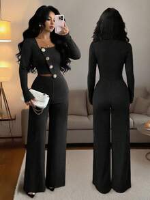 Elenzga Women's Elegant Asymmetric Hem Long Sleeve Blazer Jacket And Elastic Waist Pants 2 Pieces Suit Set For Office, Commute, Afternoon Tea, Party, Autumn/Winter - Black - View 4