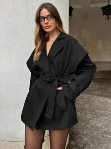 SHEIN BAE Women's Fashionable Retro Minimalist Solid Color Lapel Collar Belted 2 In 1 Trench Coat Autumn Winter Clothes For Women - Black - View 5