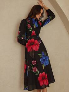 Aveloria Revavyn Elegant Floral Print High Neck Ruched Front Long Sleeve Midi Dress, Autumn/Winter - Multicolor - View 5