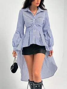 Rafferiza 女式棉混纺条纹腰部收紧前短后长灯笼袖衬衫 - 藍白色 - 查看 6